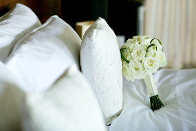 Close-up of white rose on bed