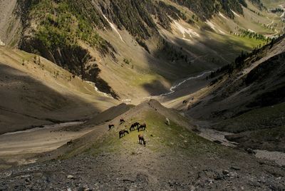 High angle view of people walking on mountain