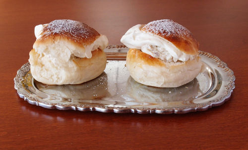 High angle view of dessert in plate on table