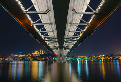 Illuminated bridge over river at night