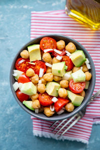 High angle view of salad in bowl on table