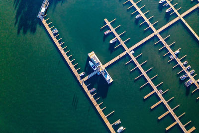 High angle view of ship moored at harbor