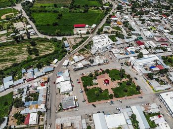 High angle view of buildings in city