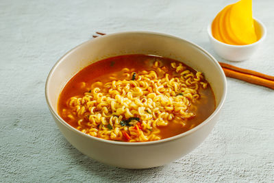 High angle view of soup in bowl on table