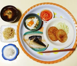 High angle view of food in plate on table