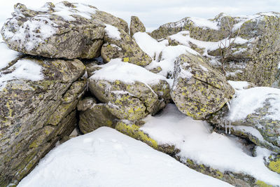 Close-up of rocks on snow