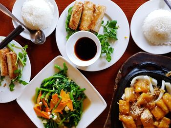 High angle view of food served on table