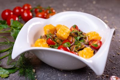 High angle view of food in bowl on table