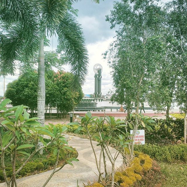 tree, growth, sky, palm tree, built structure, plant, architecture, building exterior, green color, cloud - sky, day, nature, formal garden, cloud, outdoors, religion, park - man made space, incidental people, no people, footpath