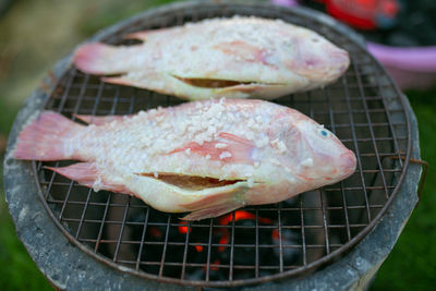 Close-up of seafood on barbecue grill