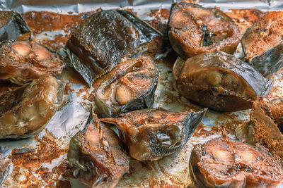 High angle view of fish in container