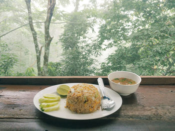 High angle view of breakfast served on table