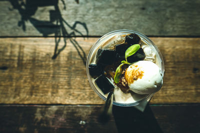 High angle view of ice cream on table