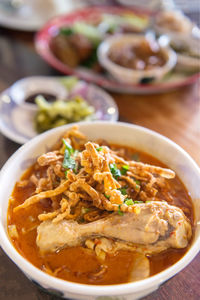 Close-up of meal served in bowl on table