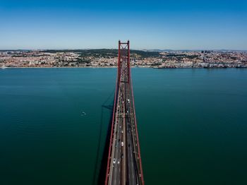 High angle view of sea and cityscape against sky