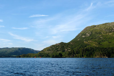 Scenic view of lake by mountains against sky