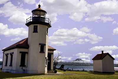 Lighthouse amidst buildings against sky