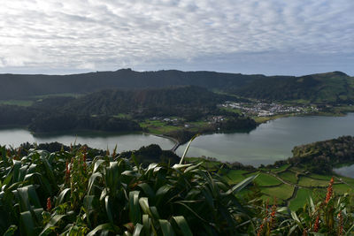 View of a pair of twin lakes on sete cidades in portugal.