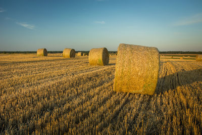 Hay bales on field against sky