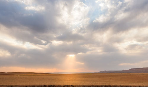 Harvested wheat field with partly cloudy sky with sunlight passing through in kurdistan province, 