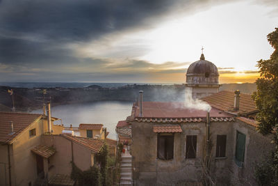 High angle view of cathedral against cloudy sky