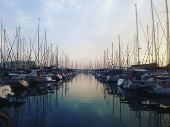 Boats moored at harbor