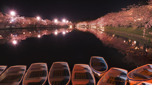 High angle view of illuminated trees by lake against sky at night