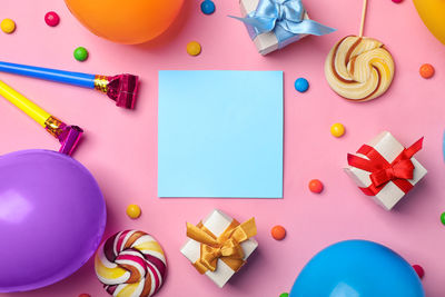 High angle view of christmas decorations on table