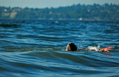 Boy swimming in lake