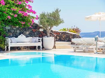 Santorini hotel terrace pool. luxury resort. greece