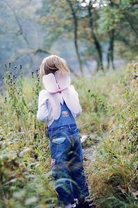 Rear view of girl with wings standing on field