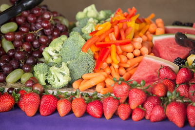 Close-up of various fruits and vegetables for sale