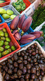 High angle view of fruits in basket at market stall