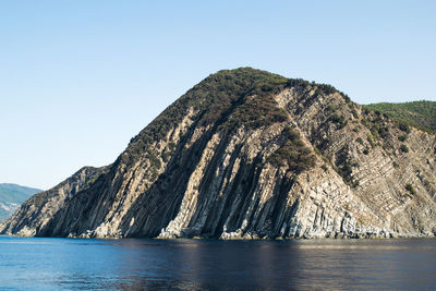 Scenic view of sea and mountains against clear sky