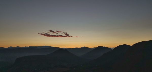 Scenic view of silhouette mountains against sky during sunset