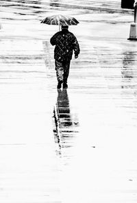 Rear view of people walking on puddle