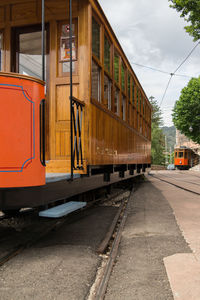 Train on railroad track against sky