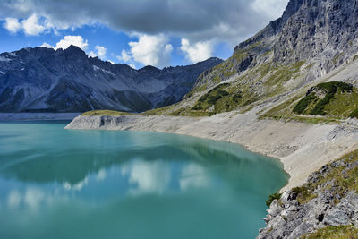 Scenic view of lake and mountains against sky
