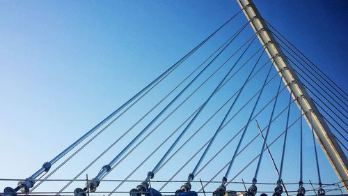 Low angle view of suspension bridge against clear blue sky