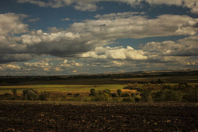 Scenic view of field against cloudy sky