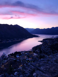 Scenic view of lake against sky at sunset