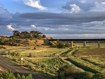 Scenic view of agricultural field against sky