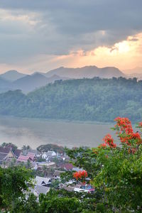 High angle view of trees and mountains against sky