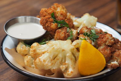 High angle view of food in plate on table