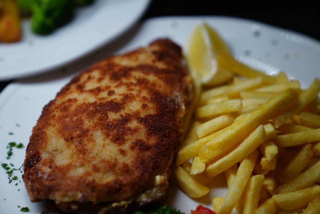 CLOSE-UP OF BURGER WITH MEAT AND FRIES