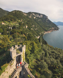 High angle view of fort on mountain against sky