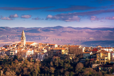 High angle shot of townscape against sky