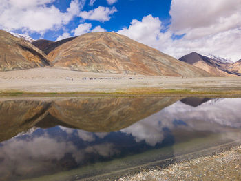 Scenic view of lake by mountains against sky