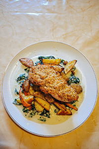 High angle view of food in plate on table