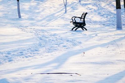 High angle view of person skiing on snowy field